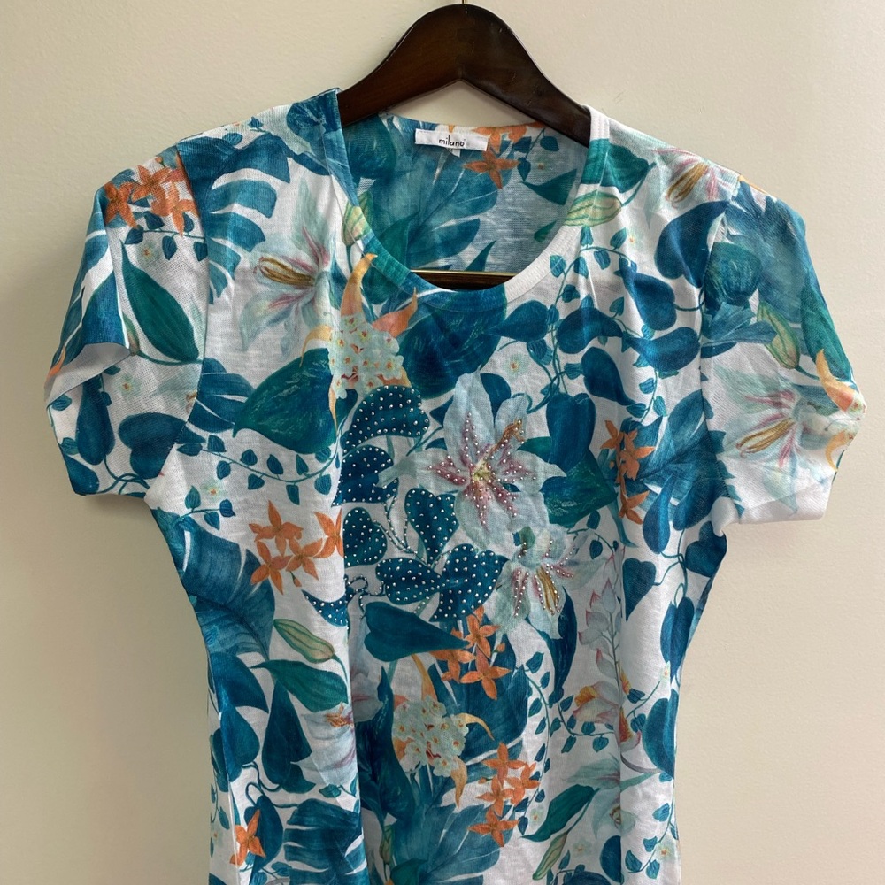 NWot Milano Women’s Floral Short-Sleeve Top in Teal & White